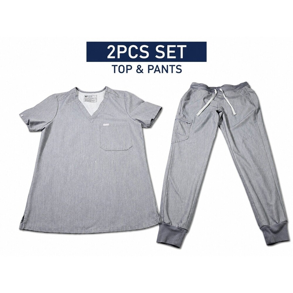 FIGS Women Scrub Set Small Gray V-Neck Top Jogger Pants FW1000 W22SW2012P 0478